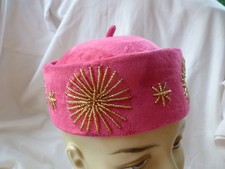 Vintage Pink Velvet Pill Box / Skull Cap with Gold Star Burst Embroidering 55cms