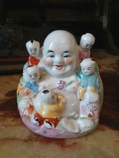 Vintage Chinese Porcelain Laughing Fertility Buddha Figure with 5 Children  