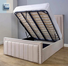 Ottoman Panel Bed Frame Cream, Beige - Soft Velvet Upholstered Gas Lift Storage