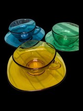 Arcoroc France Retro Coloured Glass Cup & Saucer Set Blue, Green & Amber 3 Sets