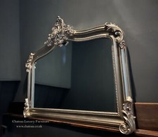 French Antique Silver Ornate Over mantle Scroll Table Top Arch Mirror 4ft