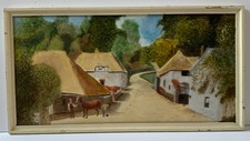 VINTAGE FRAMED OIL PAINTING VILLAGE COTTAGE HORSE CORNWALL DEVON NAIVE 1950’S