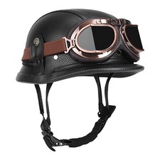 German Vintage Style Leather Motorcycle Half Helmet for Adults With Goggles