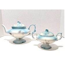 Vtg Teapot and Sugar Bowl Light Blue with White Daisies Signed Koyn RARE 