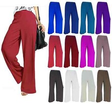 LADIES WOMENS ELASTICATED PLAZZO FLARED TROUSERS SUMMER LOUNGE PANTS SIZE 8-26