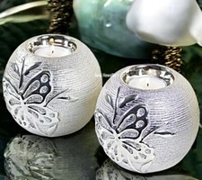 Butterfly Tea Light Candle Holders Silver Ball Home Art Decor Gift SET OF 2