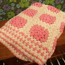Pink White Granny Squares Afghan Patchwork Knitted Crochet Blanket Bedspread
