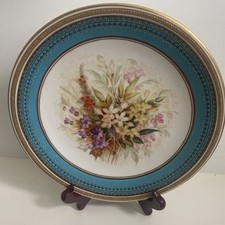 ROYAL WORCESTER 1875 HT FLORAL CABINET PLATE TURQUOISE BLUE BORDER GOLD B136  9”