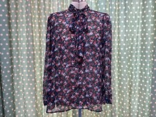 Zara floral chiffon pussybow blouse size L black red green secretary 
