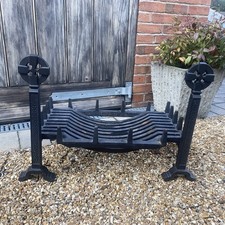 Fire Dogs & Cast Iron Grate Basket Celtic Cross Vintage Extra Large Reclaimed
