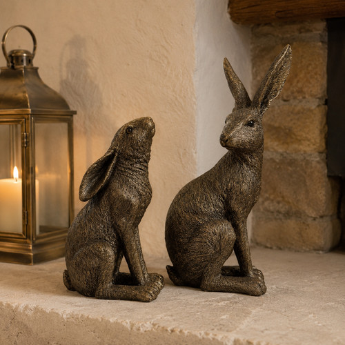 Bronze effect sitting hare - bronze,