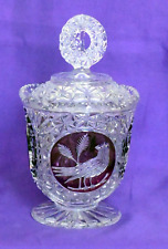 Hofbauer Byrdes crystal lidded candy dish, ruby red to clear, featuring red bird