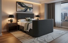 King Size TV Bed in Grey Fabric Built in Speakers Eston 2.1 Ottoman TV Bed