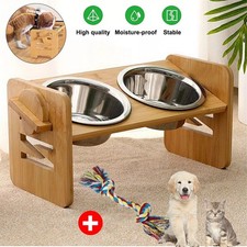 Dog Food Feeding Stand Station Stainless Double Raised Bowls Wooden-Holder