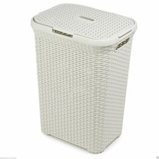 Laundry Basket Bin Grey White Plastic Wicker Rattan Style 60 Litres 55cm Tall