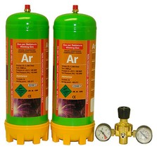 2 disposable Argon gas bottle 220ltr for mig/tig welding + twin gauge regulator