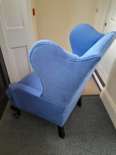 Large blue antique - a, armchair.