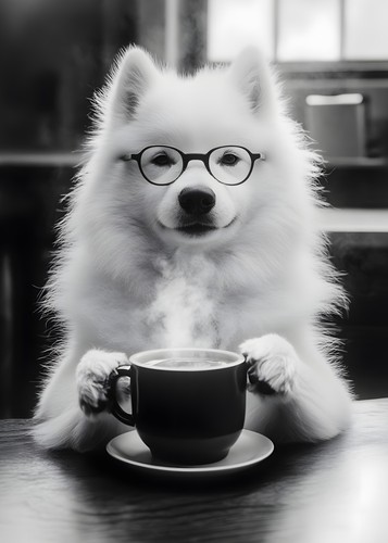 Samoyed dog drinking - a, cup