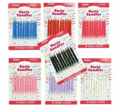 Glitter Cake Candles 10 Pack Range of colours Birthday Party Cupcake inc Holders
