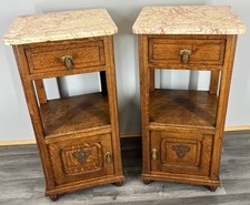 Pair of Bedside Tables Antique French Oak Marble Tops Carved Cabinets LOT 4310