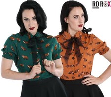 Hell Bunny Vixey Blouse Fox Print Top 50's Vintage Retro Pinup Short Sleeve Bow