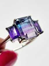 STERLING SILVER Ring Size M Trilogy Bi-Colour Fluorite Amethyst Event Gift Xmas