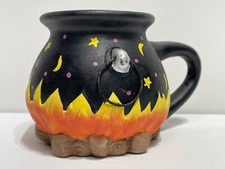 Ceramic WITCH'S CAULDRON Candle Holder Cup HALLOWEEN Fire Moon Stars Logs BLACK