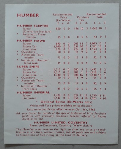 Humber range price list - range,