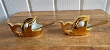 Vintage Pair Gilt Porcelain Salerons Pots Cellars Robj Paris Whale Fish 50s 
