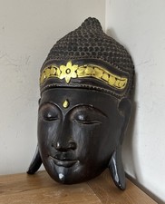 Vintage Thai buddhist hand carved Buddha wooden mask wall hanging