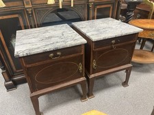 Pair of Edwardian Mahogany Marble Topped Bedside Tables with Drawers & Cupboard