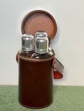 Vintage Whisky Triple Hip Flask Travel Bar Leather Hide Cased Hunting Set