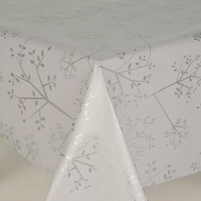 SILVER GREY PLAIN LEAVES STEMS PVC PLASTIC VINYL TABLE CLOTH WIPE CLEAN DINING