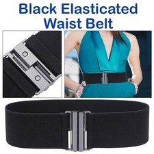 50mm Wide Black Waist Belt with Silver Buckle Women Stretch Elasticated