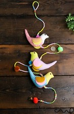 Hand-crafted Hanging 3 Birds Floral Fabric Mobile Decoration Beads Pompom Bell 