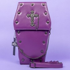 GOTHX PURPLE COFFIN METAL CROSS Steam Punk Rock Goth Backpack Vegan Handbag Bag