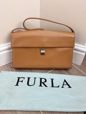 FURLA Shoulder Bag Beige Leather Silver Clasp 31x20x7cm VGC Rectangular