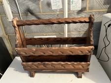Vintage Wooden Magazine Rack Dark Wood Retro Footed Handle VGC Mid-Century