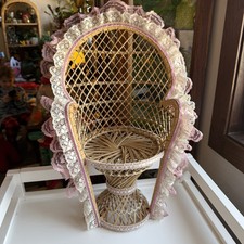Vintage Wicker Peacock Chair MCM Fan Back Rattan Doll Plant Seat Stand Boho Chic