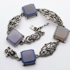 Vintage Art Deco C1930s Silver Marcasite Chalcedony Bracelet