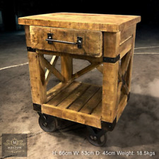 Industrial Style Side Table & Draw with Chunky Cast Iron Wheels, Rustic Strong