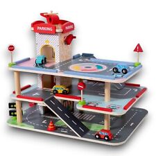 Wooden 3 Storey Garage Pretend Toy Kids Educational Car Role Play Gift Set New