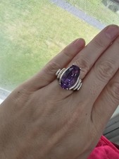 Vintage Sterling Silver W/ huge Amethyst Faceted Oval Stone Ring Size 6