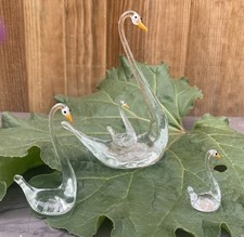Set of Glass Swans Mum with Baby On Back and Two Smaller Baby Swans.