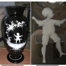 RARE Antique MOSER AMETHYST MARY GREGORY BOY SWING Glass Vase HAND enamelled 12”