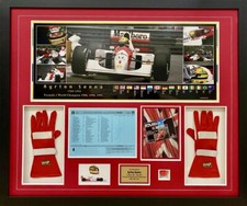 AYRTON SENNA Signed 1990 F1 Silverstone Programme Page +Piece +Gloves FRAMED COA