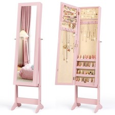 COSTWAY Mirrored Jewelry Armoire Standing Jewelry Cabinet-Pink