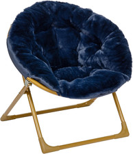 Gwen Kids Cozy Mini Folding Saucer Chair - Navy Faux Fur Moon Chair - Soft Gold