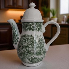 Vintage J Broadhurst Teapot – Constable Series – Green Transferware – White Lid
