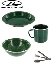 Highlander GREEN ENAMEL Camping Cook Dining Set Mug Bowl Plate + Cutlery Set
